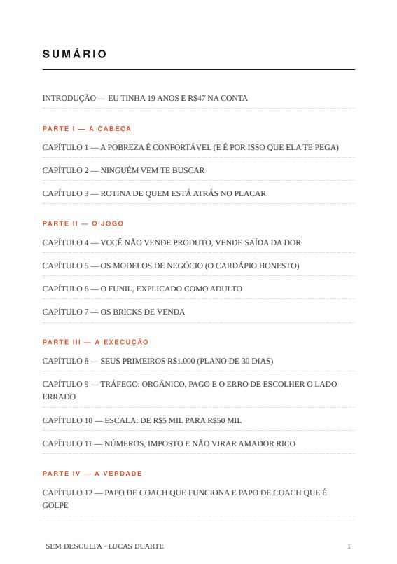 Página de sumário do livro